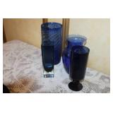 Set of Portmeirion Botanic Garden Porcelain Mugs, Jars, and Assorted Blue Glass Vases