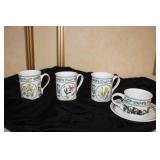 Set of Portmeirion Botanic Garden Porcelain Mugs, Jars, and Assorted Blue Glass Vases