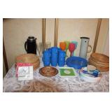 Assorted Picnicware Set with Wicker Plates, Plastic Cups, and Drink Dispensers