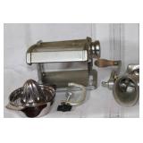 Collection of Vintage Metal Kitchen Tools including Pasta Maker, Meat Grinder, and Food Slicer