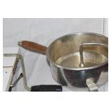 Collection of Vintage Metal Kitchen Tools including Pasta Maker, Meat Grinder, and Food Slicer