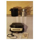 West Bend 4 Qt Slow Cooker with Manual, Graniteware Steamer Pot, and Aluminum Double Boiler Set