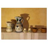 Assorted Ceramic Tableware Including Pitchers, Cups, Plates, Salt and Pepper Shakers