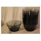 Vintage Glassware Set with Blue Tumblers, Clear Glasses, and Dark Bowls