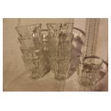 Vintage Glassware Set with Blue Tumblers, Clear Glasses, and Dark Bowls