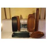 Collection of 7 Vintage Wooden Trays and Handcrafted Ceramic Tile