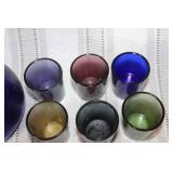 Vintage Blue Glass Decanter with 6 Multi-Color Shot Glasses