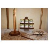 Vintage Kitchen Set with Wooden Spice Rack, Six Ceramic Spice Jars, Paper Towel Holder, and Table Runner