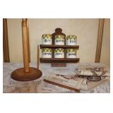 Vintage Kitchen Set with Wooden Spice Rack, Six Ceramic Spice Jars, Paper Towel Holder, and Table Runner