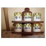 Vintage Kitchen Set with Wooden Spice Rack, Six Ceramic Spice Jars, Paper Towel Holder, and Table Runner
