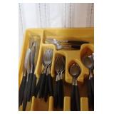 Set of Stainless Steel Flatware with Black Handles and Tray