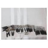 Set of Stainless Steel Flatware with Black Handles and Tray