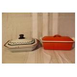 Set of 2 Vintage Enamel Cast Iron Covered Dishes - Le Creuset and St Uze
