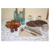 Assorted Vintage Kitchenware Collection with Teak Serving Set, Mason Jars, and Decor