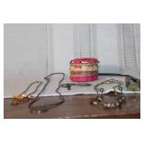 Assorted Vintage Necklaces and Bracelets with Handwoven Trinket Basket