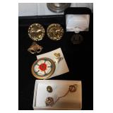 Collection of Vintage Pins, Medals, and Metal Bud Vase