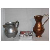 Collection of Vintage Metal Pitchers, Teapot, and Decorative Gift Box