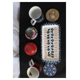 European Ceramic Tableware Lot Including Mugs, Coasters, Vases, and Tray