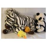 Collection of 6 Plush Stuffed Animals Including Zebra, Panda, Cat, and Birds