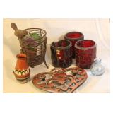 Eclectic Home Decor Collection with Mosaic Candle Holders and Heart Trivet