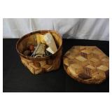Woven Wood Sewing Basket with Vintage Thread, Scissors, and Notions