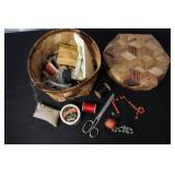 Woven Wood Sewing Basket with Vintage Thread, Scissors, and Notions