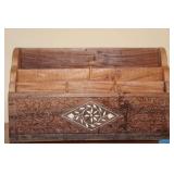 Wooden Desk Organizer with Floral Carving and Inlay