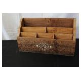 Wooden Desk Organizer with Floral Carving and Inlay