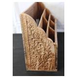 Wooden Desk Organizer with Floral Carving and Inlay