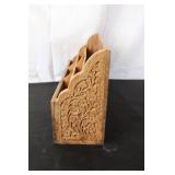 Wooden Desk Organizer with Floral Carving and Inlay
