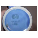 Vintage Hall Blue Mugs with Wooden Holders and Decorative Stone Heart