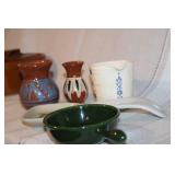 Collection of Vintage Pottery and Stoneware Items with Small Brass Mug