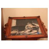 Vintage Framed Boy and Jug Print with Wood Frame, Calligraphy Art, and Carved Bookends Set