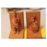 Vintage Framed Boy and Jug Print with Wood Frame, Calligraphy Art, and Carved Bookends Set