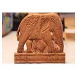 Vintage Framed Boy and Jug Print with Wood Frame, Calligraphy Art, and Carved Bookends Set