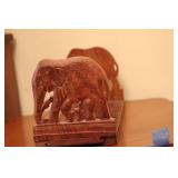 Vintage Framed Boy and Jug Print with Wood Frame, Calligraphy Art, and Carved Bookends Set