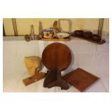 Eclectic Vintage Decorative Lot - Wood Carvings, Pottery, Ceramic Fish Dishes, and More