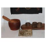 Collection of Vintage Wooden Mortar and Pestle, Wicker Coasters, Ceramic Tile, and Embroidered Textile