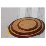 Collection of Vintage Wooden Mortar and Pestle, Wicker Coasters, Ceramic Tile, and Embroidered Textile