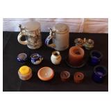 Collection of Ceramic Steins, Miniature Pottery, and Candle Holders