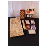 Vintage Game Set with Cribbage Board, Mini Chess Set, Playing Cards, and Chess Guide Book