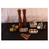 Kitchenware Collection with Salt and Pepper Shakers, Wooden Mills, Ceramic Dishes, and Flower Toothpick Holder