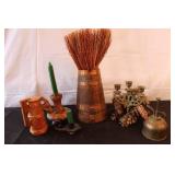 Vintage Decor Collection with Copper Wood Pitcher, Candlesticks, Brass Candelabra, and Pinecones