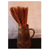 Vintage Decor Collection with Copper Wood Pitcher, Candlesticks, Brass Candelabra, and Pinecones