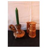 Vintage Decor Collection with Copper Wood Pitcher, Candlesticks, Brass Candelabra, and Pinecones