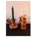 Vintage Decor Collection with Copper Wood Pitcher, Candlesticks, Brass Candelabra, and Pinecones