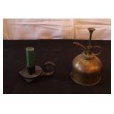 Vintage Decor Collection with Copper Wood Pitcher, Candlesticks, Brass Candelabra, and Pinecones