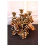 Vintage Decor Collection with Copper Wood Pitcher, Candlesticks, Brass Candelabra, and Pinecones