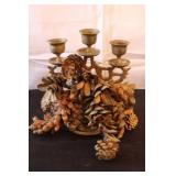 Vintage Decor Collection with Copper Wood Pitcher, Candlesticks, Brass Candelabra, and Pinecones
