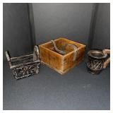 Set of 3 Antique Rustic Wooden Containers with Hand-Carved Details
